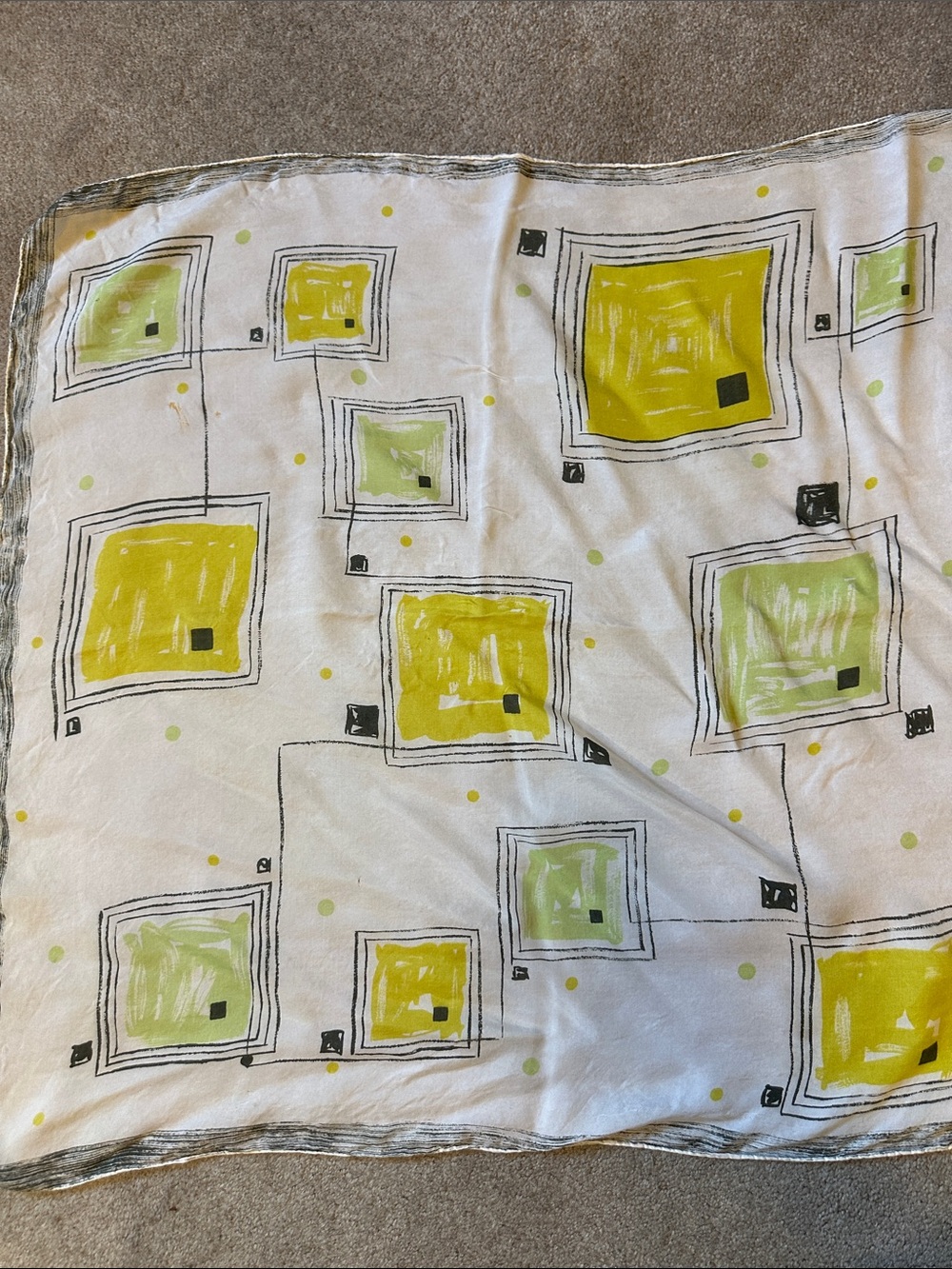 Vintage Modern Geometric Green & Yellow Hand Rolled Silk Scarf 29 x 29